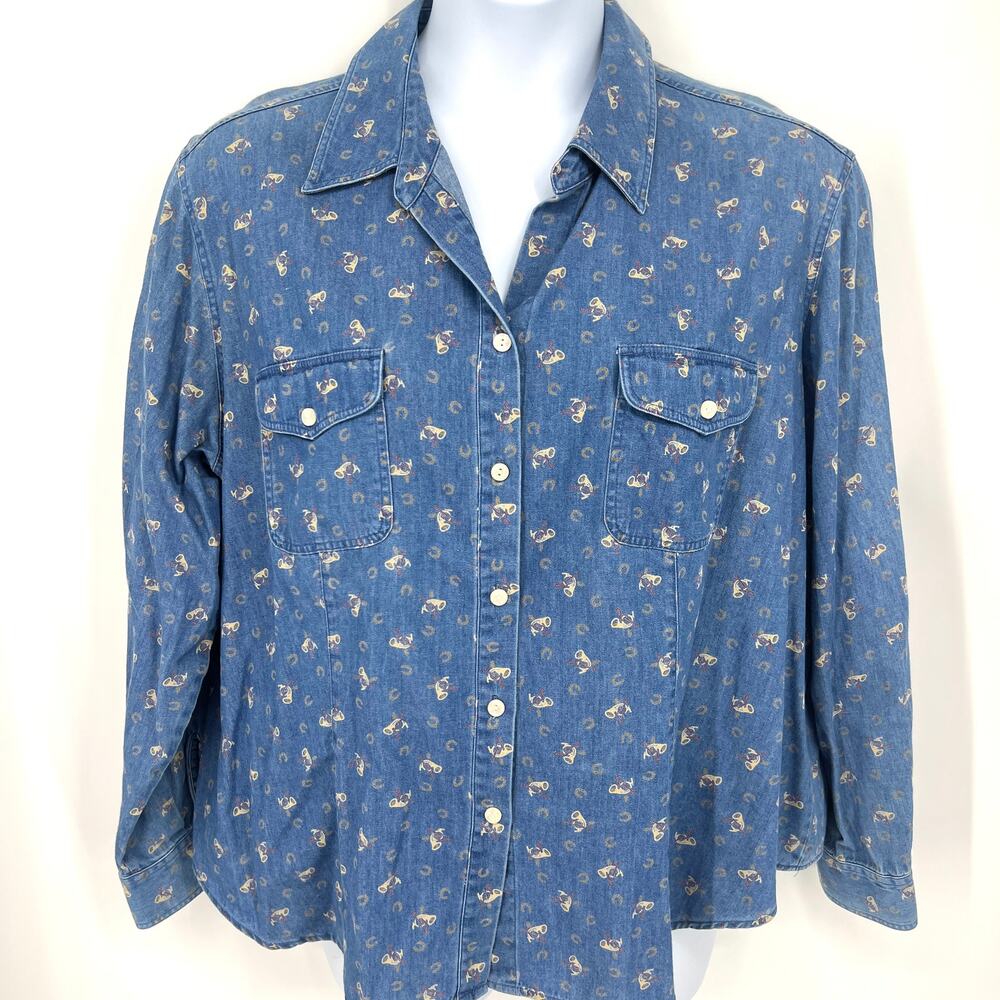 VTG Womens Liz Claiborne Denim Chambray Equestrian Print Button up 2XL **READ**
